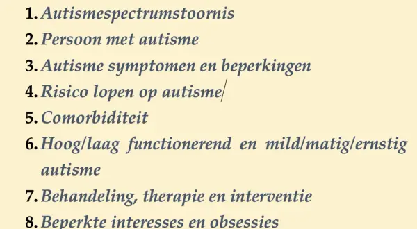 Lijst met negen termen rond autisme, waaronder 'wanneer ben je autistisch' en 'autismespectrumstoornis'.