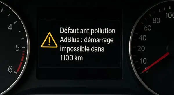 Défaut antipollution AdBlue : démarrage impossible dans 1100 km. Le tableau de bord affiche un avertissement de consommation du réactif AdBlue.