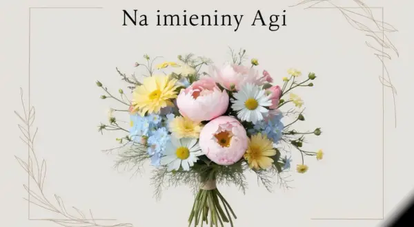 Wesołe imieniny Agnieszki! Bukiet pełen wiosennych kwiatów: różowych piwonii, żółtych gerberów i białych margaretek.