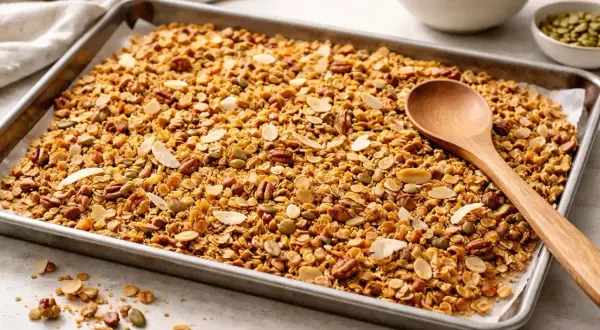 Nybakad granola på plåt med nötter, frön och mandel. Perfekt för ditt granola recept!