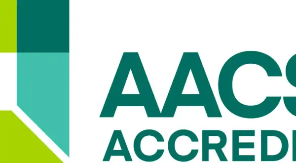 AACSB Akkreditierung: Siegel für exzellente Business Schools. Das Logo zeigt geometrische Formen in Grün- und Türkistönen sowie den Schriftzug "AACSB ACCREDITED".