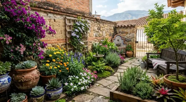 Un jardín exuberante con flores vibrantes y suculentas, ideal para crear un oasis verde. Las **plantas para tapar muros** añaden color y vida a este rincón acogedor.