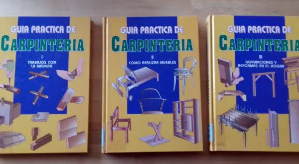 Tres guías de carpintería, con ilustraciones de trabajos en madera, muebles y reparaciones. Ideal para quienes trabajan con madera de palisandro.