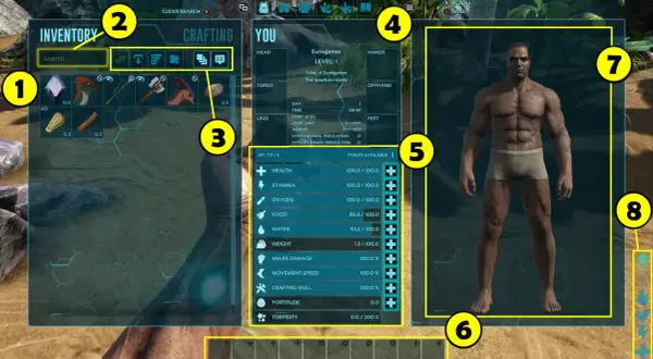 Interfejs gry Ark: Survival Evolved. Widok ekwipunku, statystyk postaci i menu craftingu. Poradnik dla graczy.