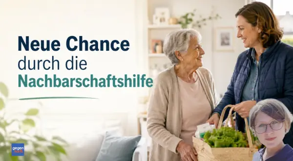 Zwei Frauen lächeln sich an, eine ältere Dame erhält Einkaufshilfe. Neue Chance durch Nachbarschaftshilfe, die den entlastungsbetrag nutzt.