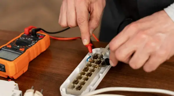 Ręce majsterkowicza mierzą rezystancję elektryczną za pomocą multimetru, badając gniazdo przedłużacza.