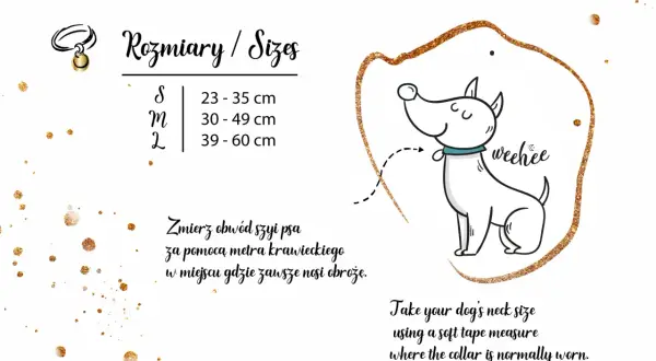 Ilustracja psa z obrożą i tabelą rozmiarów obroży.