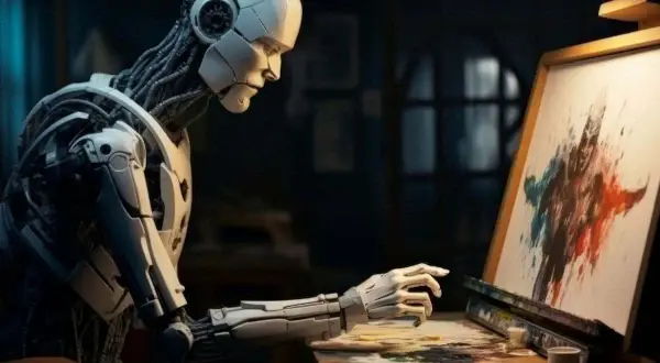 Robot maluje abstrakcyjny obraz. Oto opis obrazu przykład, jak sztuczna inteligencja tworzy sztukę.