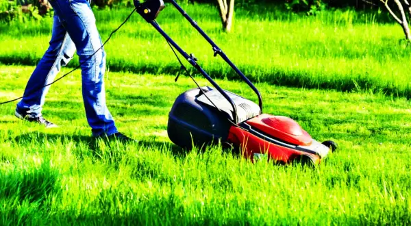 Mężczyzna kosi zieloną trawę. Czy można kosić mokrą trawę? Lepiej poczekać, aż wyschnie, by uniknąć problemów z kosiarką.