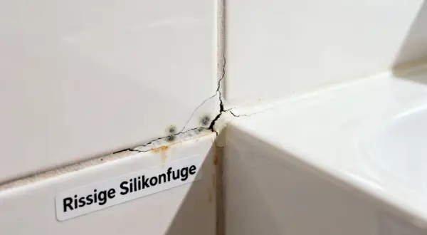 Rissige Silikonfuge mit Schimmelbildung. Zeit, die Silikonfugen zu erneuern, um Feuchtigkeitsschäden zu vermeiden.