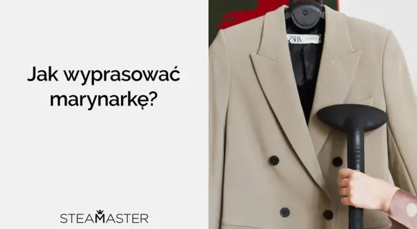 Jak wyprasować marynarkę? Ręka trzyma parownicę, która usuwa zagniecenia z beżowej marynarki.
