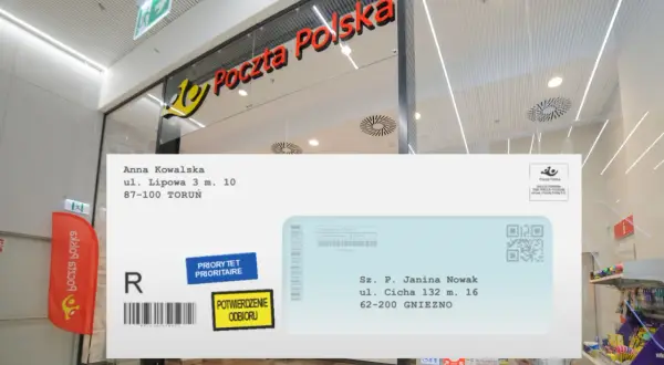 Jak wydrukować kopertę? Na zdjęciu widać adresata i nadawcę na kopercie, gotowej do wysyłki przez Pocztę Polską.