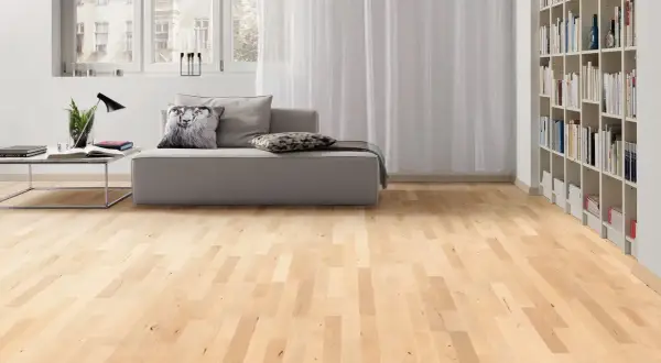Pavimento in **legno d'acero** chiaro, con divano grigio, libreria e finestre.