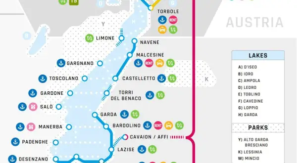 Mappa del Lago di Garda con percorsi ciclabili e servizi. Ideale per un tour "mit dem Fahrrad um den Gardasee".