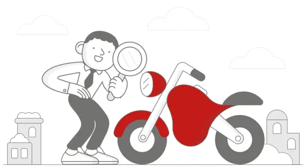 Mężczyzna z lupą bada czerwony motorower na tle budynków i chmur.