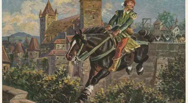 Ein Ritter springt mit seinem Pferd über eine Mauer. Gab es den Raubritter Eppelein von Gailingen wirklich? Die Burg im Hintergrund lässt an Legenden denken.
