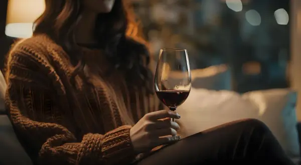 Kobieta w swetrze trzyma kieliszek czerwonego wina. Czas na relaks, gdy wino nie pracuje, a wieczór staje się spokojny.