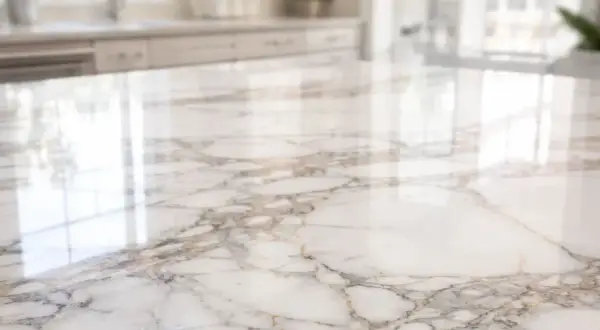 Superficie lucida in resina su marmo bianco con venature dorate e grigie, che riflette la luce di una finestra.