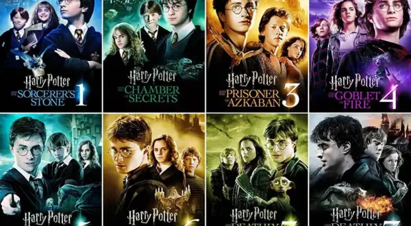 Plakaty filmów z serii Harry Potter, od 1 do 7.