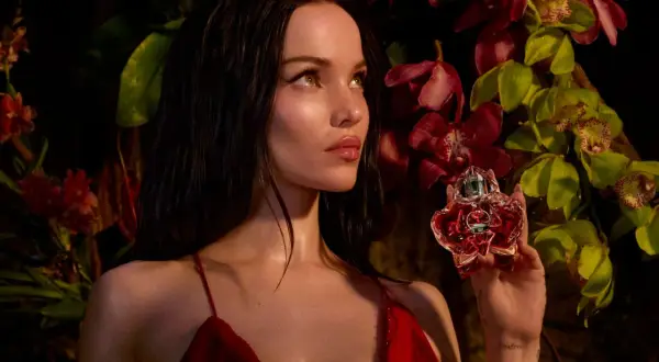 Kobieta w czerwonej sukience trzyma flakon perfum d by diesel. Otaczają ją egzotyczne kwiaty.
