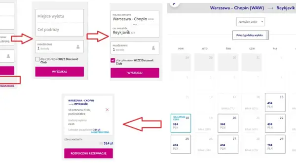 Zrzut ekranu z procesu rezerwacji lotów Wizz Air, pokazujący wybór daty i ceny.
