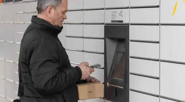 Mężczyzna z paczką i telefonem przy paczkomacie tymczasowym.