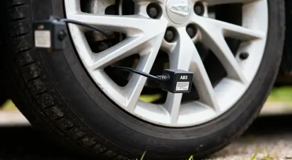 Un capteur ABS est fixé à une roue de voiture, un symptôme potentiel d'un problème de freinage.