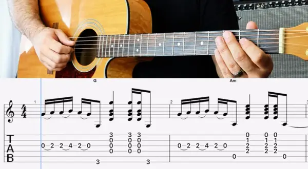 Ręce grające na gitarze akustycznej, obok zapis nutowy i tabulatura pokazujące prosty riff gitarowy.