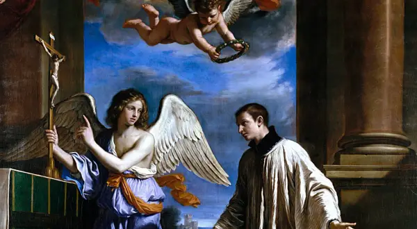 Ein Engel zeigt Aloisius von Gonzaga das Kreuz. Ein Putto schwebt darüber und hält einen Kranz.