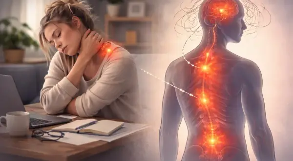 Kobieta z bólem karku, połączona z wizualizacją kręgosłupa i mózgu, sugerująca ból kręgosłupa o podłożu psychicznym.