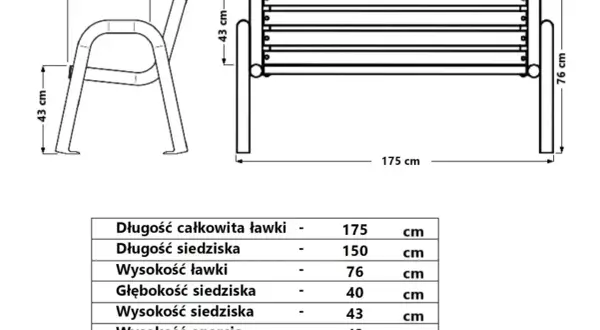 Rysunek techniczny metalowej ławki z wymiarami i tabelą parametrów.