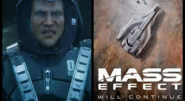 Postać w hełmie i statek kosmiczny z logo Mass Effect.