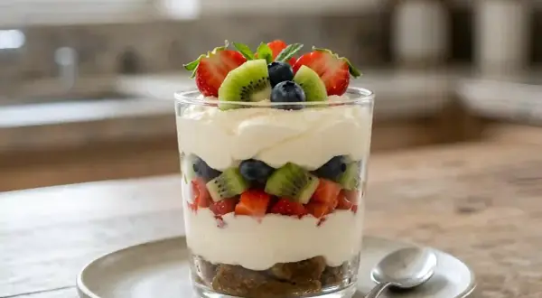 Un tiramisu aux fruits d'été, un délice frais et coloré avec fraises, kiwis et myrtilles. Parfait pour une pause gourmande.