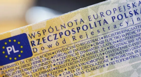 Dowód rejestracyjny z flagą PL. Potrzebna zmiana adresu w dowodzie rejestracyjnym? Dokument zawiera wiele języków.