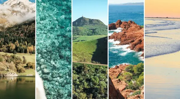 Cinq vignettes illustrant un séjour nature : montagnes, eau turquoise, colline verdoyante, côte rocheuse et plage au coucher du soleil.