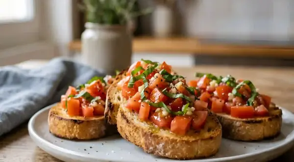Bruschettas garnies de tomates fraîches, basilic et ail. Une recette simple et savoureuse pour un apéritif parfait.