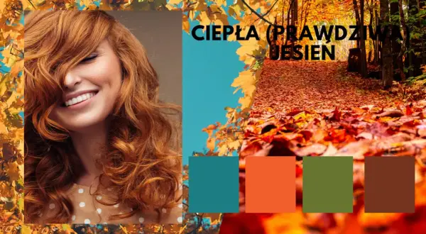 Uśmiechnięta rudowłosa kobieta na tle jesiennego lasu. Inspiracja na ciepła jesień stylizacje.