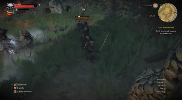 Bitwa o Kaer Morhen: Geralt walczy z wojownikiem Dzikiego Gonu. W tle widać innych przeciwników i ruiny.