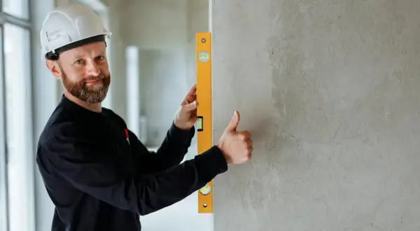 Budowlaniec w kasku sprawdza pionową ścianę za pomocą poziomicy. Kciuk w górę potwierdza, że wszystko jest idealnie.