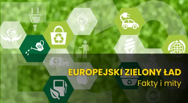 Grafika przedstawia symbole związane z ekologią i zrównoważonym rozwojem, ilustrując, o czym mówi Europejski Zielony Ład: fakty i mity.
