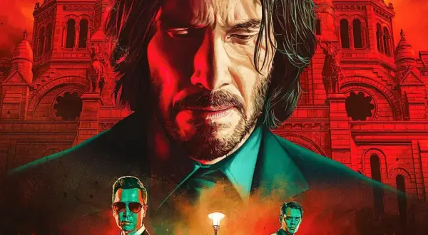 John Wick w czerwonej poświacie, zamyślony, na tle czerwonej budowli. Czy John Wick umiera?