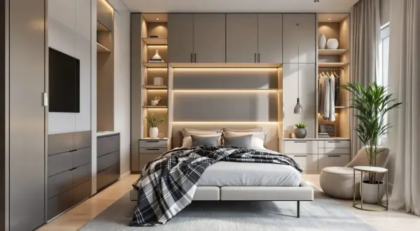 Chambre 11m2 plan : lit douillet, rangements intégrés, dressing ouvert et fauteuil cosy. Ambiance moderne et lumineuse.