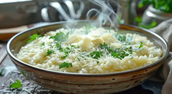 Un délicieux risotto crémeux, garni de parmesan et de persil frais, dégageant une vapeur invitante. On peut réchauffer un risotto pour un repas réconfortant.