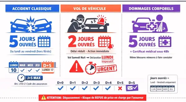 Déclaration de vol de véhicule : 2 jours ouvrés. En cas de vol le samedi nuit, déclaration impérative le lundi. Attention, dépassement = refus de prise en charge.