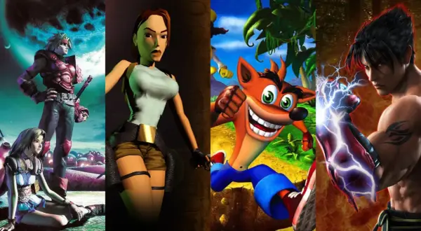 Kompilacja postaci z najlepszych gier na PS1: bohaterowie Final Fantasy, Lara Croft, Crash Bandicoot i Jin Kazama.