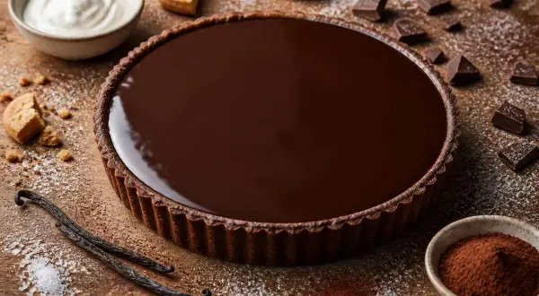 Une magnifique tarte au chocolat, brillante et gourmande, entourée de morceaux de chocolat, de vanille et de cacao en poudre.