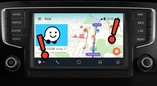 Navigation Waze sur Android Auto gratuit, avec l'icône du petit bonhomme et des alertes.