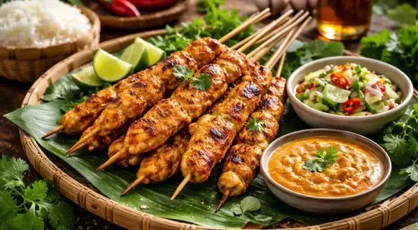 Grillade kyckling satay-spett serveras med jordnötssås, gurksallad och ris. En härlig asiatisk måltid.