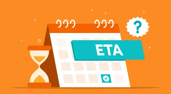 Kalender mit "ETA" und Sanduhr. Wann ist das ETA-Datum? Ein Fragezeichen schwebt über dem Kalender.
