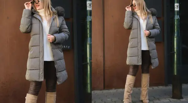 Stylowe kurtki damskie plus size zimowe w kolorze szarym, idealne na chłodne dni. Kobieta w okularach przeciwsłonecznych i białym golfie.